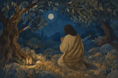 Jesus Praying Alone in Gethsemane Night