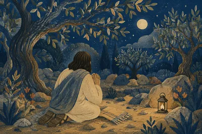 Jesus Praying Alone in Gethsemane Night
