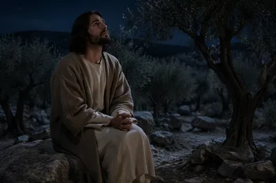 Man Kneeling in Moonlit Olive Garden