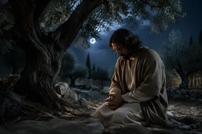 Solitary Man Kneeling in Olive Garden