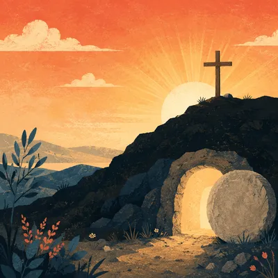 Empty Tomb at Sunrise with Cross
