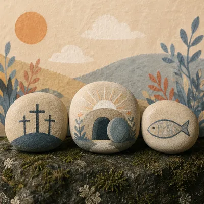 Resurrection Symbols Painted on River Stones