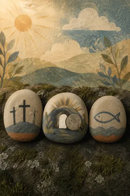 Resurrection Stones with Empty Tomb at Sunrise