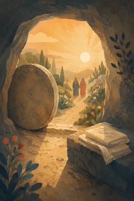 Empty Tomb at Sunrise Resurrection Scene