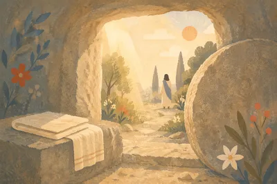 Empty Tomb at Sunrise Resurrection Scene