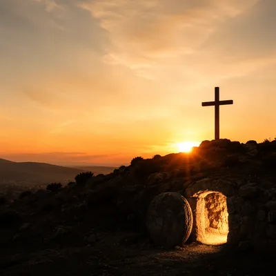 Empty Tomb and Cross at Sunrise