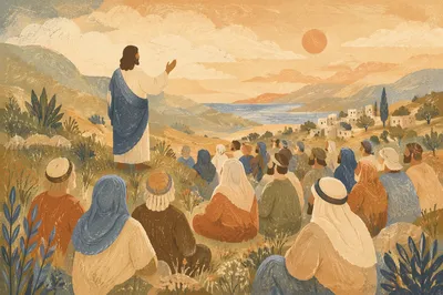 Jesus Teaching Crowd on Sunlit Hillside