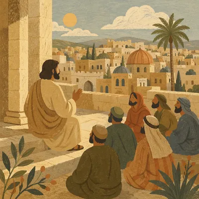 Jesus Teaching in Temple Courtyard at Sunset