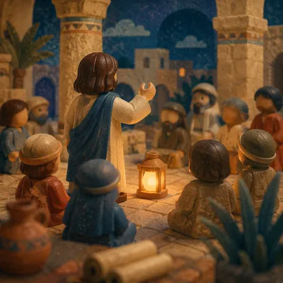 Jesus Teaching in Temple Courtyard at Dusk