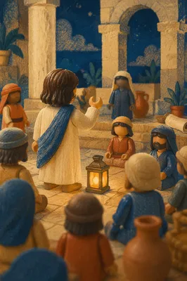 Jesus Teaching in Temple Courtyard at Dusk