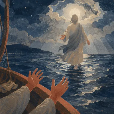 Jesus Walking on Water at Blue Hour