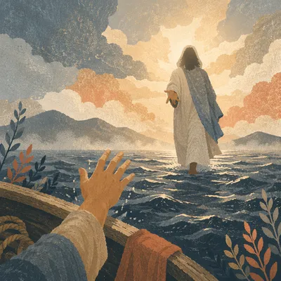 Jesus Reaching Out on Stormy Water