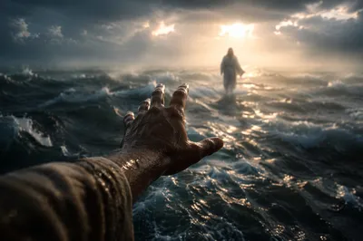Jesus Walking on Water Reaching Hand
