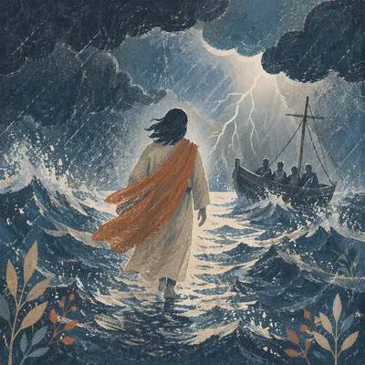 Jesus Walking on Water in Storm