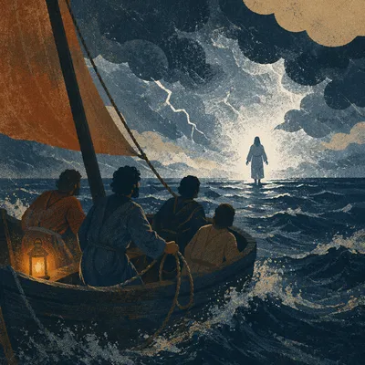 Jesus Walking on Stormy Sea at Night