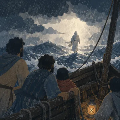 Jesus Walks on Stormy Sea at Night