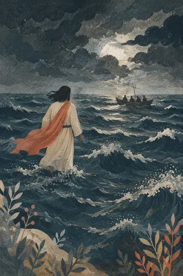 Jesus Walking Toward Boat on Stormy Sea