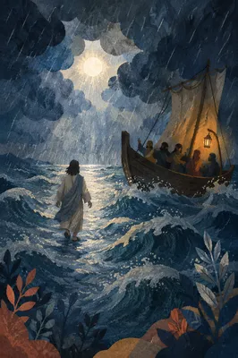 Jesus Walking on Water in Storm