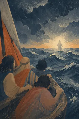 Jesus Walking on Stormy Sea at Dawn