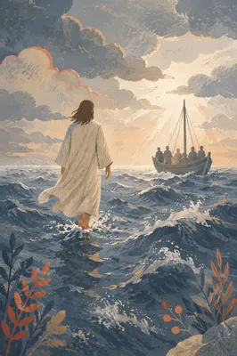 Jesus Walking on Stormy Sea at Dawn