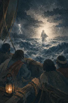 Jesus Walking on Stormy Sea at Night