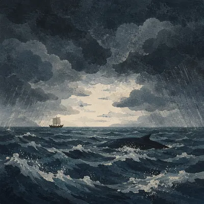 Jonah Stormy Sea and Distant Ship