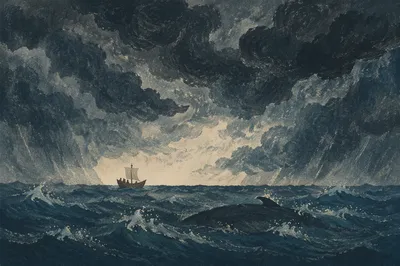 Jonah Whale and Stormy Sea Horizon