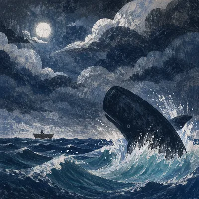 Jonah Whale in Stormy Moonlit Sea