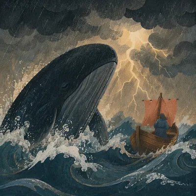 Jonah and Whale in Stormy Sea