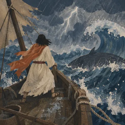 Jonah Facing Whale in Stormy Sea