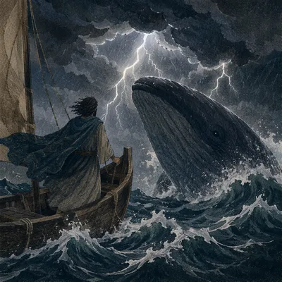 Jonah and Whale in Stormy Twilight Sea