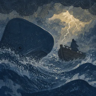 Jonah and Whale in Stormy Sea