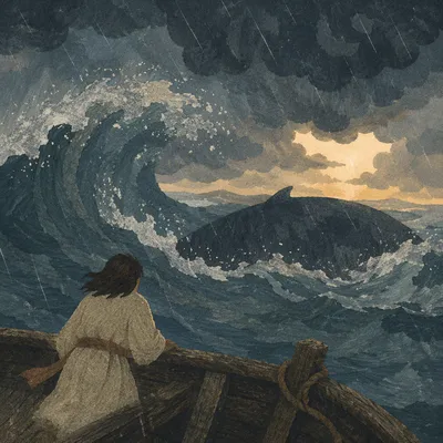 Jonah Facing the Whale in Stormy Sea