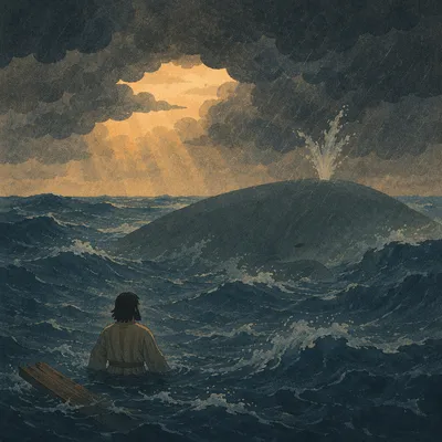 Jonah Facing the Whale in Stormy Seas