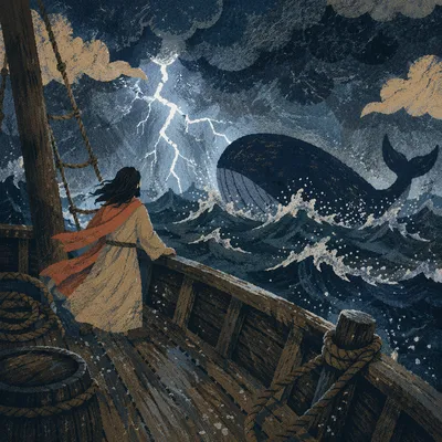 Jonah Facing Whale on Stormy Sea