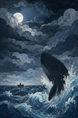 Jonah Whale in Stormy Moonlit Sea