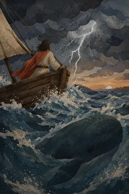 Jonah and Whale in Stormy Sea