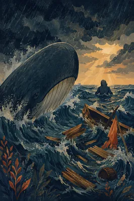 Jonah and the Whale in Stormy Sea