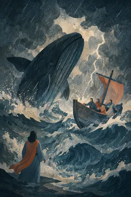 Jonah and the Whale in Stormy Sea