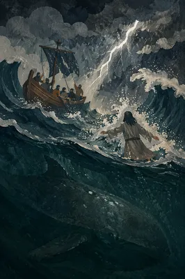 Jonah Facing Whale in Stormy Sea