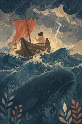 Jonah and Whale in Stormy Twilight Sea