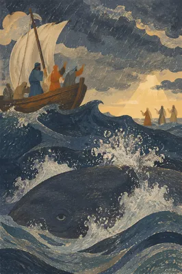 Jonah and Whale in Stormy Sea