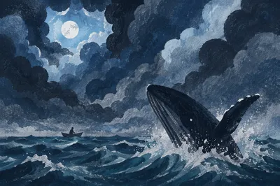 Jonah Whale in Stormy Moonlit Sea