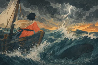 Jonah Whale in Stormy Ocean Dusk