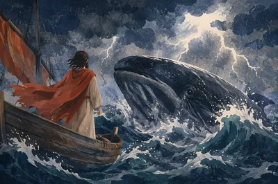Jonah and Whale in Stormy Sea