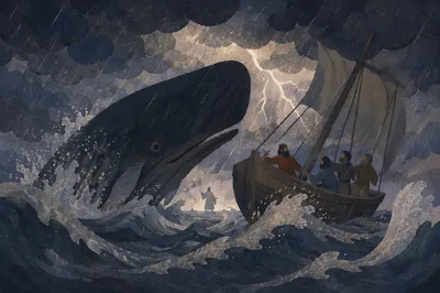 Jonah and the Whale in Stormy Sea