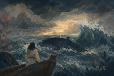 Jonah Facing the Whale in Stormy Sea