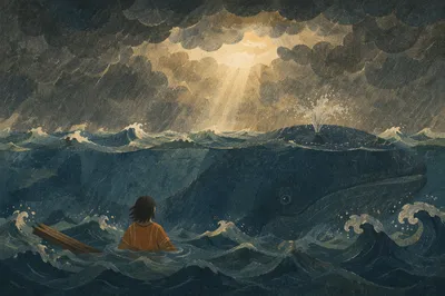 Jonah in Stormy Sea Near Whale
