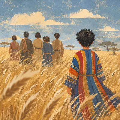 Joseph in Colorful Coat Among Brothers