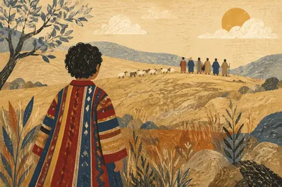Joseph in Colorful Coat Facing Brothers
